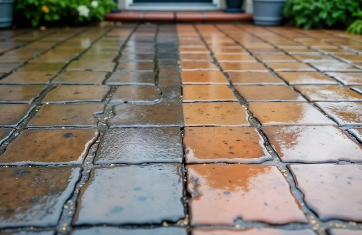 Patio paving slabs show clear contrast between dirty clean areas. One half noticeably dirtier. Side looks clean after pressured water washing. Water still on both sides. Outdoor scene. Cleaning job